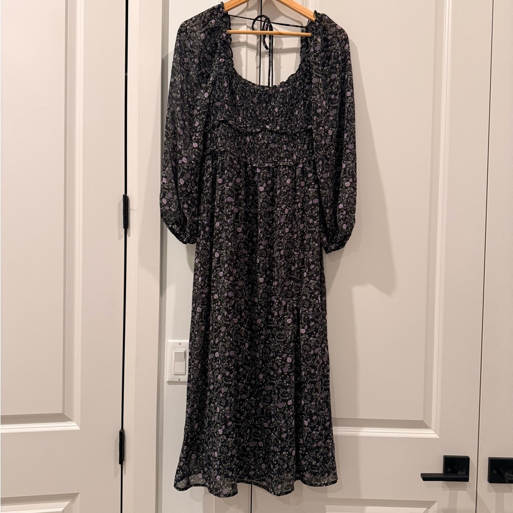 ASTR the Label Smocked Bodice Floral Black Long Sleeved Dress Size S